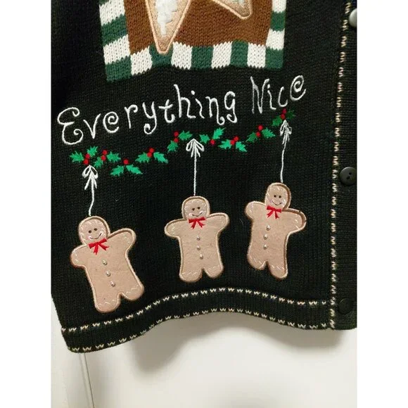 Quacker Factory Vintage Novelty Gingerbread Holiday Cardigan Black 2X - Picture 5 of 8
